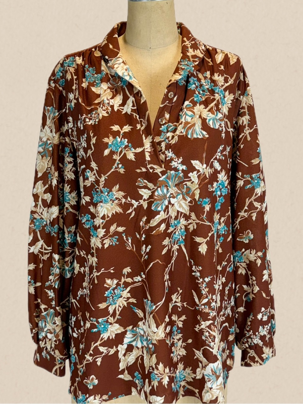 VINTAGE 70s JCPenney moody earthy floral top long sleeve button v-neck teal 80s